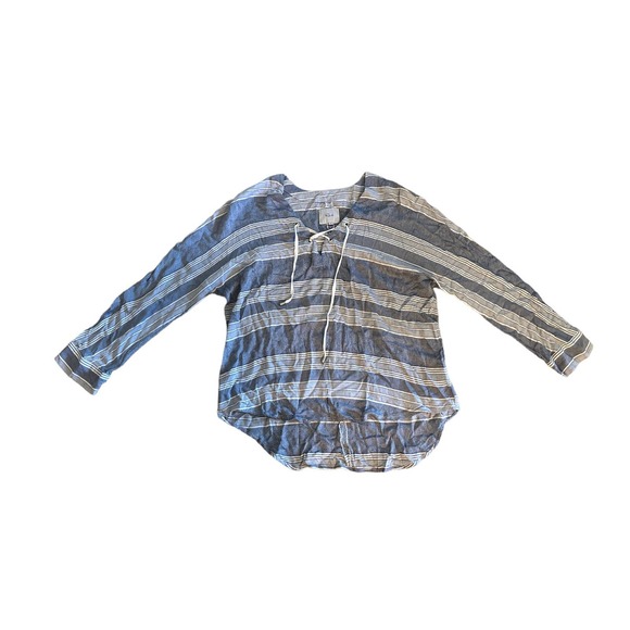 Women M Rails Lily Athens Stripe Blouse Top Shirt Long Slv Blue Rayon Lace-Up - Picture 1 of 5